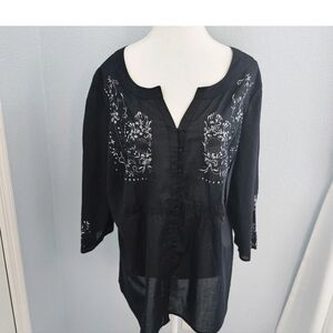 Avenue Plus Black Cotton Button Front  Embroidered Boho Top 18-20 Lightweight